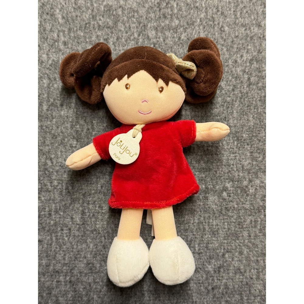Jolijou Paris Plush 7" Doll Brown Pigtails Red Dress  Bow French Design Soft Toy